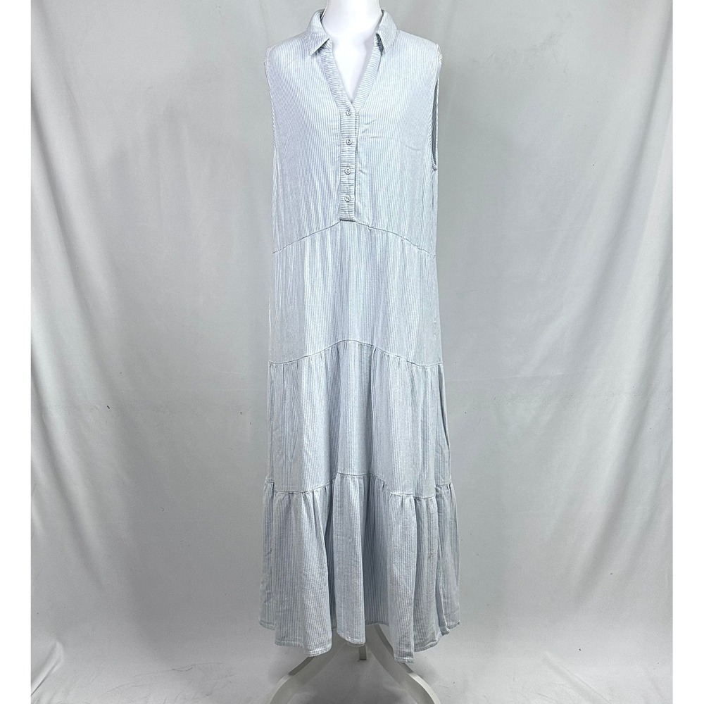 Jane + Delancey Women's Sz L Maxi Dress Blue White Pinstripe Coastal Cottagecore